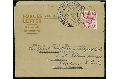 Britisk 6d George VI på del af Forces Letter sendt som luftpost fra soldat ved 1st Commonwealth Division Signals c/o BAPO 3 (= Korea) annulleret med feltpoststempel F.P.O. 948 (= Inchon, Korea) d. 2.10.1951 til Telegrafstationen i Thorshavn, Færøerne - eftersendt til Store Nordisk Telegrafselskab i London med klipfiskstempel Thorshavn d. 16.10.1951. Enestående forsendelse fra Korea-krigen til Færøerne. 