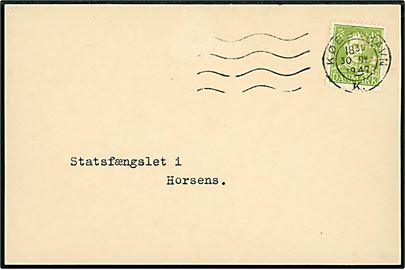 15 øre Chr, X med perfin A.R. (= Arbejderforsikrings-Raadet) på brevkort fra Direktoratet for Ulykkesforsikringen i København d. 30.10.1947 til Statsfængslet i Horsens. Vedr. forulykket indsat, Fange 683 Preben Christiansen. 