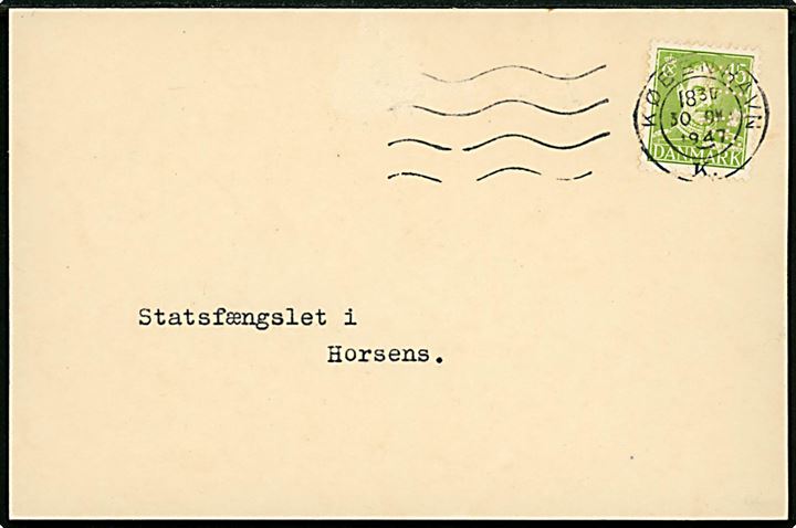 15 øre Chr, X med perfin A.R. (= Arbejderforsikrings-Raadet) på brevkort fra Direktoratet for Ulykkesforsikringen i København d. 30.10.1947 til Statsfængslet i Horsens. Vedr. forulykket indsat, Fange 683 Preben Christiansen. 