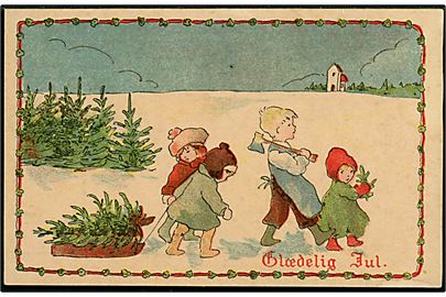 Aline Schytte Christiansen: Julekort med børn der henter juletræ. Alex Vincents Kunstforlag no. 441/4. 