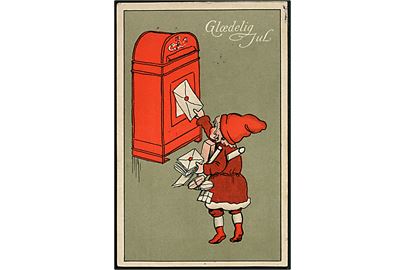 Julekort med nissepige der ligge breve i postkassen. Ukendt tegner. Alex Vincents Kunstforlag no. 5/3.
