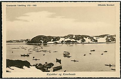 Grønlandsk Udstilling 1721-1921. Kajakker og Konebaade. Foto John Møller. Stenders u/no.