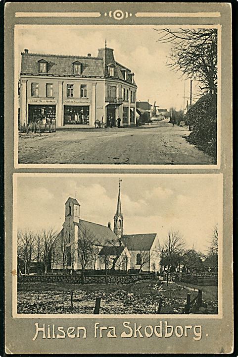 Skodborg, Hilsen fra med gadeparti og kirke. M. Glückstadt & Münden no. 42282. Frankeret med 10 pfg. Germania annulleret med ovalt bureaustempel Sommerstedt - Schottburg Bahnpost Zug 59 d. 12.6.1909 til København.