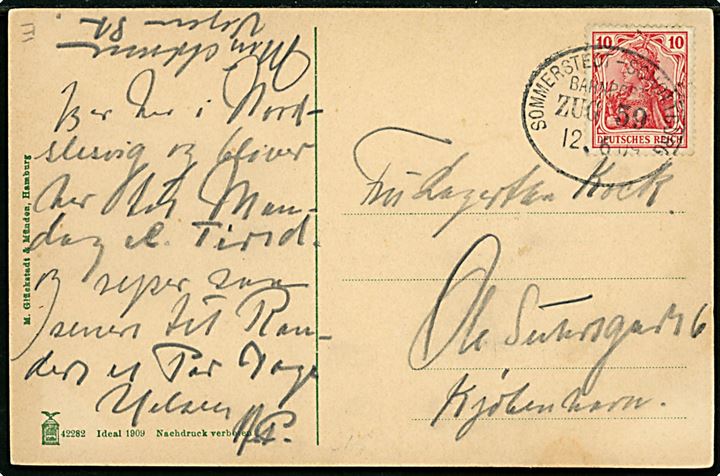 Skodborg, Hilsen fra med gadeparti og kirke. M. Glückstadt & Münden no. 42282. Frankeret med 10 pfg. Germania annulleret med ovalt bureaustempel Sommerstedt - Schottburg Bahnpost Zug 59 d. 12.6.1909 til København.