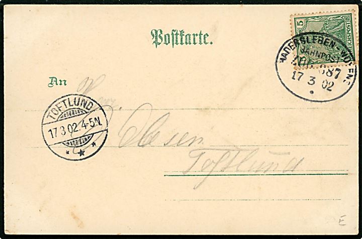 Haderslev, Gruss aus. Rosenblatt u/no. Frankeret med 5 pfg. Germania annulleret med ovalt bureaustempel Hadersleben - Woyens Bahnpost Zug 887 d. 17.3.1902 til Toftlund.