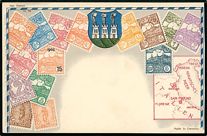 San Marino. Frimærke kort med landkort. D.R.G.M. no. 222744.