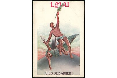 1. Mai - Sieg der Arbeit!. Anvendt i Zürich d. 1.5.1907 med sidestempel Arbeiter-Union / Maifeier 1907 / Zürich.