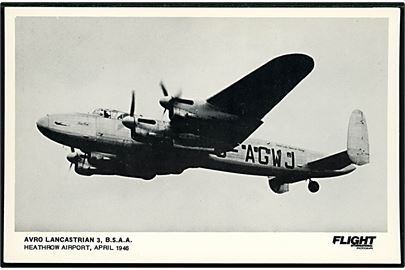 Avro Lancastrian 3 G-AGWJ fra B.S.A.A. (= British South American Airways) i Heathrow april 1946. Maskinen forulykkede i Bathurst d. 30.8.1946. Flight International u/no.