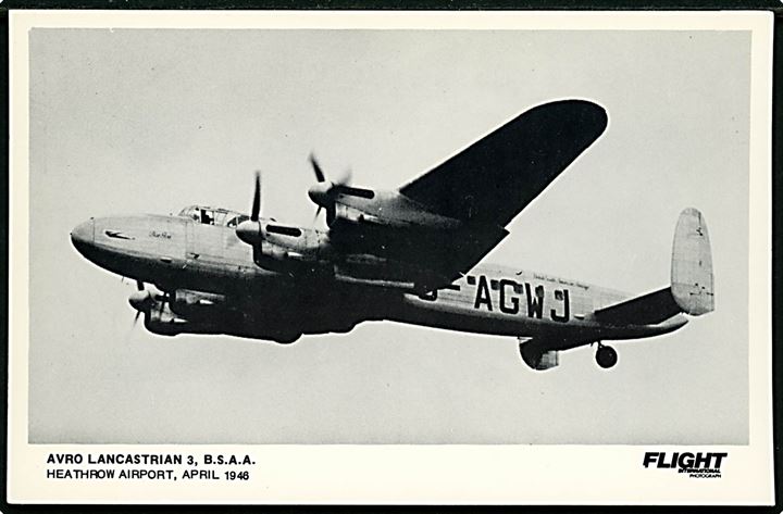 Avro Lancastrian 3 G-AGWJ fra B.S.A.A. (= British South American Airways) i Heathrow april 1946. Maskinen forulykkede i Bathurst d. 30.8.1946. Flight International u/no.