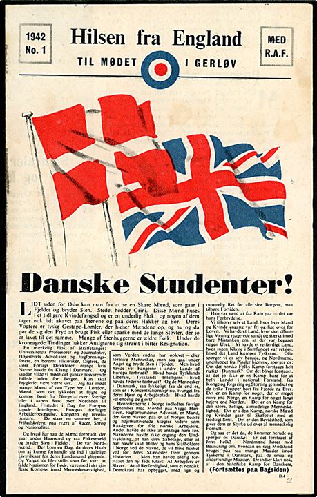 Hilsen fra England 1942 no. 1. Flyveblad udgivet af Political Warfare Executive (PWE) og nedkastet over Danmark af RAF i perioden 13.8.-14.8.1942. Formular D4.