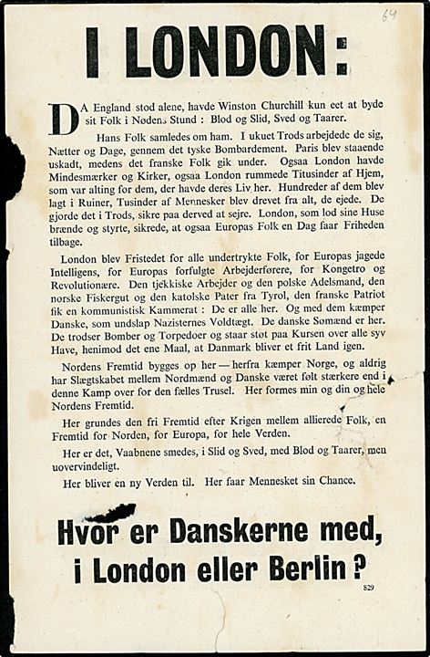 I London:. Flyveblad nedkastet over Danmark af RAF i december 1941. Formular 829. Skrammet.