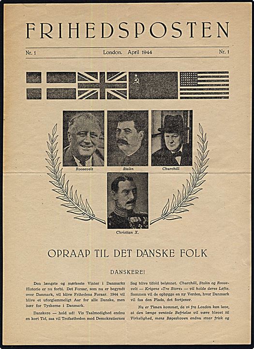 Frihedsposten Nr. 1 april 1944. Falsk flyveblad nedkastet af tyske flyvemaskiner over København d. 27.4.1944. 