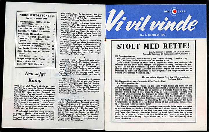 Nedkastet flyveblad. Vi vil vinde no. 8 oktober 1943. Fremstillet af Political Warfare Executive (PWE) og nedkastet af Royal Air Force. 32 sider illustreret hæfte. Formular D.24 med omslag Vinterlæsning efteraarets Bøger!.