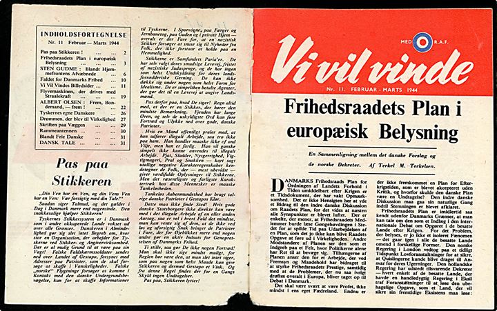 Nedkastet flyveblad. Vi vil vinde no. 11 februar-marts 1944. Fremstillet af Political Warfare Executive (PWE) og nedkastet af Royal Air Force. 32 sider illustreret hæfte. Formular D.4. Omslag Ud at se med D.S.B.. 