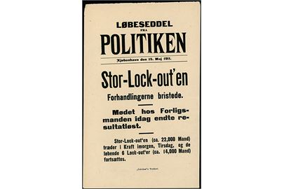 Løbeseddel for dagbladet Politiken d. 15.5.1911: Stor-Lock-out'en - Forhandlingerne bristede.