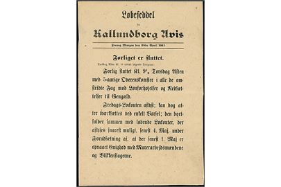 Løbeseddel for dagbladet Kallundborg Avis d. 28.4.1911: Forliget er sluttet