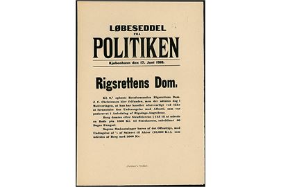 Løbeseddel for dagbladet Politiken: Rigsrettens Dom - J. C. Christensen frifundet og Berg idømmes bøde for manglende undersøgelse i Alberti-sagen.
