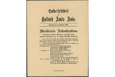 Løbeseddel for dagbladet Holbæk Amts Avis d. 10.10.1922: Ministeriets Rekonstruktion.