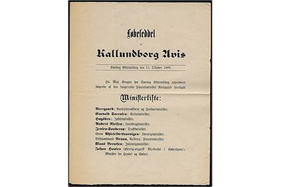Løbeseddel for dagbladet Kallundborg Avis d. 11.10.1908. Regeringen Neergaards Ministerliste.
