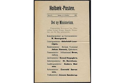 Løbeseddel for dagbladet Holbæk-Posten d. 11.10.1908. Det nye Ministerium. Regeringen Neergaards Ministerliste.