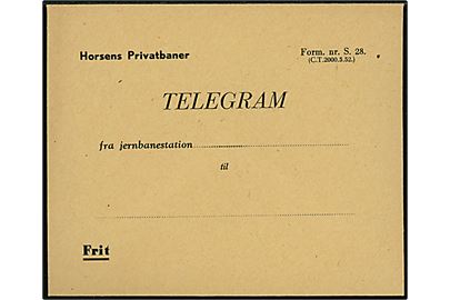 Horsens Privatbaner. Telegram kuvert - Form. nr. S. 28 (C.T. 2000.5.52.). Ubrugt.
