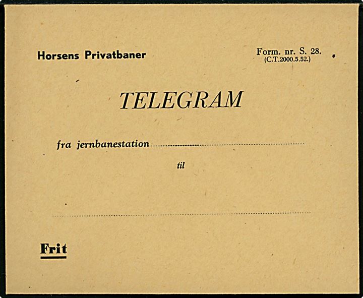 Horsens Privatbaner. Telegram kuvert - Form. nr. S. 28 (C.T. 2000.5.52.). Ubrugt.