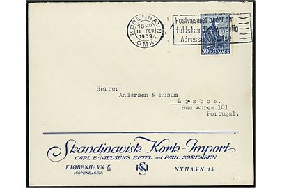 30 øre Thorvaldsen på firmakuvert fra Skandinavisk Kork-Import i København d. 11.2.1939 til Lissabon, Portugal.