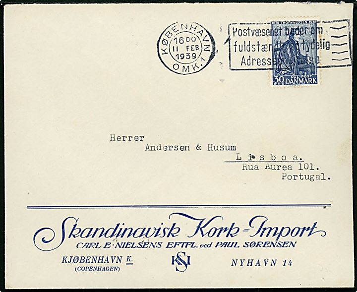 30 øre Thorvaldsen på firmakuvert fra Skandinavisk Kork-Import i København d. 11.2.1939 til Lissabon, Portugal.