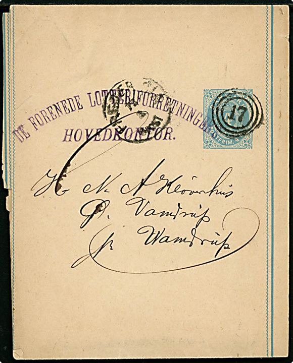 4 øre helsagskorsbånd fra De Forenede Lotteriforeningers Hovedkontor annulleret med nr.stempel 17 og sidestemplet lapidar Fredericia d. 13.3.188x til Ø. Vamdrup pr. Vamdrup. 