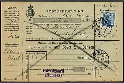 20 øre Chr. X på retur postopkrævning fra Horsens d. 21.11.1916 til Hovedgaard. Violet kontorstempel Hovedgaard / (Horsens). 