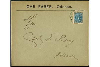 4 øre Tofarvet på lokalbrev fra Chr. Faber annulleret lapidar Odense d. 6.5.18xx.