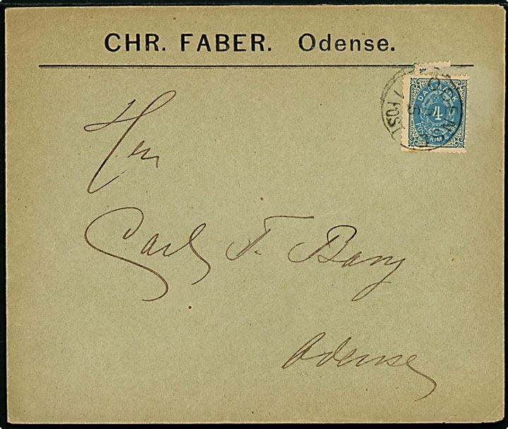 4 øre Tofarvet på lokalbrev fra Chr. Faber annulleret lapidar Odense d. 6.5.18xx.