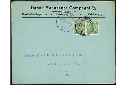 5 øre Chr. X (par) med perfin D.A. på firmakuvert fra Dansk Assurance Compagni A/S sendt lokalt i Kjøbenhavn d. 2.12.1919.