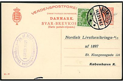 10 øre Chr. X svardel af dobbelt helsagsbrevkort (fabr. 51-W) opfrankeret med 5 øre Chr. X med perfin N.L. fra Hjermitslev d. 14.2.1921 til Nordisk Livsforsikrings-A/S i København.