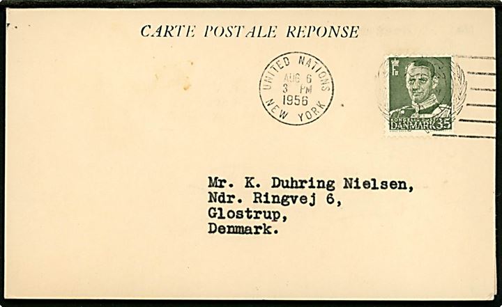 35 øre Fr. IX på internationalt dobbeltbrevkort fra Glostrup d. 1.8.1956 til UN Postal Administration, United Nations i New York og tilbagesendt med maskinstempel United Nations New York d. 6.8.1956. Enestående annullering på dansk frankatur. 