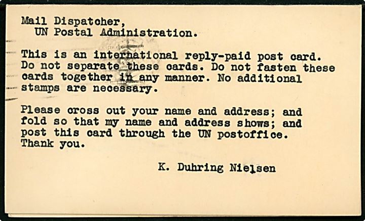 35 øre Fr. IX på internationalt dobbeltbrevkort fra Glostrup d. 1.8.1956 til UN Postal Administration, United Nations i New York og tilbagesendt med maskinstempel United Nations New York d. 6.8.1956. Enestående annullering på dansk frankatur. 