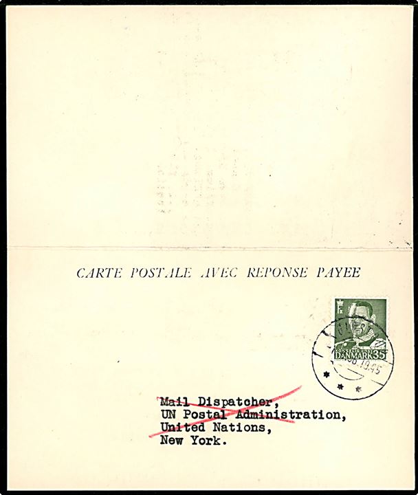 35 øre Fr. IX på internationalt dobbeltbrevkort fra Glostrup d. 1.8.1956 til UN Postal Administration, United Nations i New York og tilbagesendt med maskinstempel United Nations New York d. 6.8.1956. Enestående annullering på dansk frankatur. 