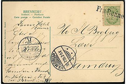 5 øre Våben på brevkort annulleret med skibsstempel Fra Rønne og sidestemplet Kjøbenhavn d. 10.7.1905 til Vandrup.