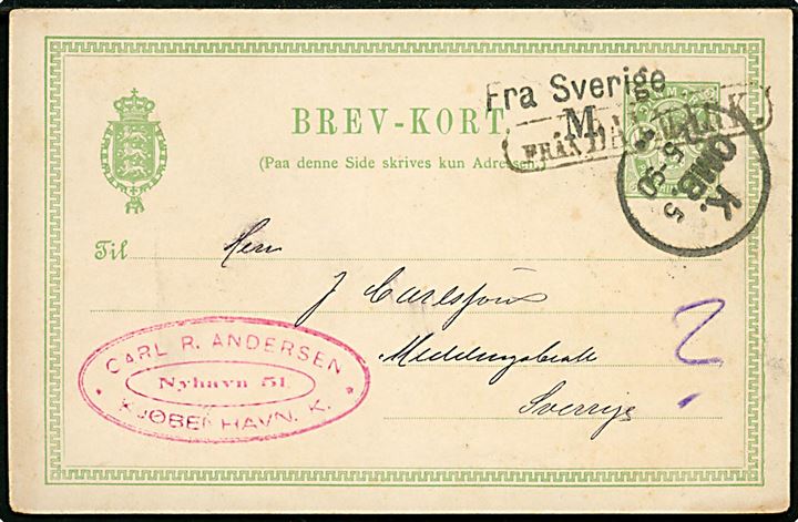 5 øre Våben helsagsbrevkort fra København d. 22.5.1890 annulleret med svensk skibsstempel Från Danmark til ukendt adresse i Sverige. Returneret med dansk skibsstempel Fra Sverige M. og sidestemplet K. OMB. 5 d. 22.5.1890.