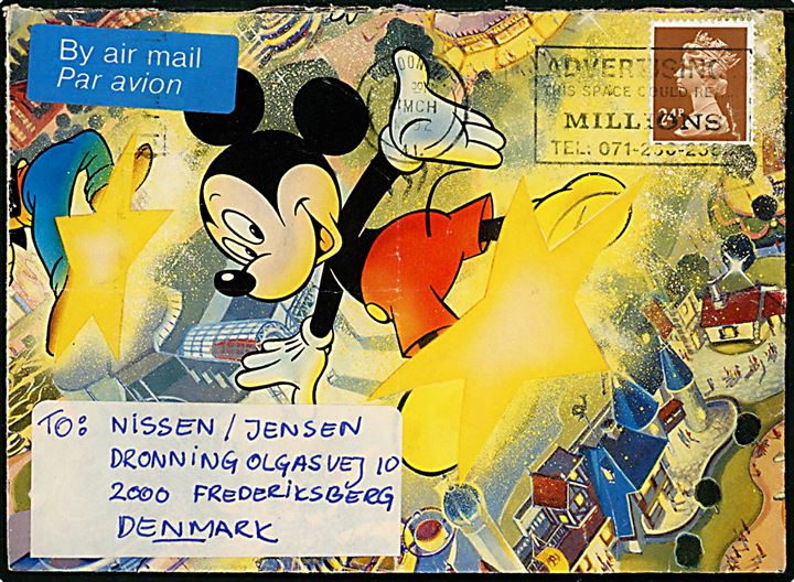 24d Elizabeth single på hjemmelavet DISNEY-kuvert sendt som luftpost fra London d. 21.3.1992 til Frederiksberg, Danmark.