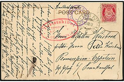 10 øre Posthorn på brevkort (Norden-fjeldske S/S Co., Spitzbergen) annulleret med sejlende bureaustempel NORDLANDS POSTEKSP. E. d. 25.8.1912 og sidestemplet både violet ADVENT-BAY og ovalt rødt stempel: Turistskibet / Trondhjem Norge / * Kong Harald *  til Eppstein, Tyskland.