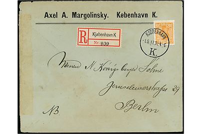 35 øre Chr. X single på anbefalet brev fra Kjøbenhavn d. 1.5.1917 til Berlin, Tyskland. Åbnet af tysk censur i Berlin.