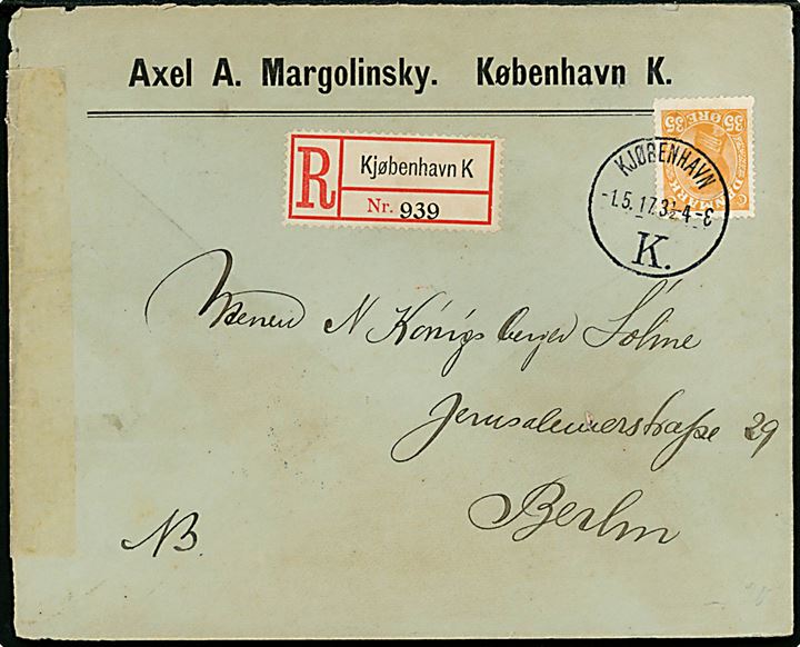 35 øre Chr. X single på anbefalet brev fra Kjøbenhavn d. 1.5.1917 til Berlin, Tyskland. Åbnet af tysk censur i Berlin.