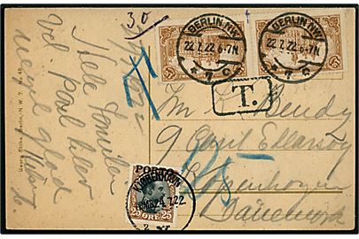 1,50 mk. Hauptpostamt i parstykke på underfrankeret infla brevkort fra Berlin d. 22.7.1922 til København, Danmark. Sort T-stempel og udtakseret i dansk porto med 25 øre Porto-provisorium stemplet Kjøbenhavn d. 24.7.1922.