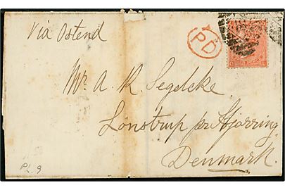 4d Victoria pl. 9 på brev annulleret med nr.stempel fra London d. 4.3.1868, Jydske JB.PB. d. 7.3. og Hjørring d. 8.3.1868 til Lønstrup, Danmark.