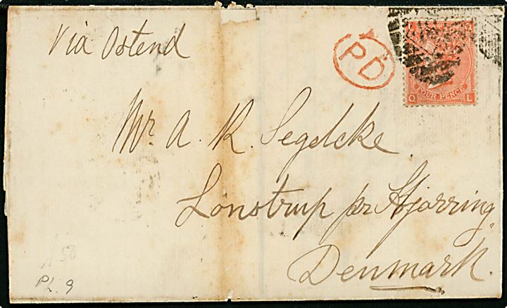 4d Victoria pl. 9 på brev annulleret med nr.stempel fra London d. 4.3.1868, Jydske JB.PB. d. 7.3. og Hjørring d. 8.3.1868 til Lønstrup, Danmark.