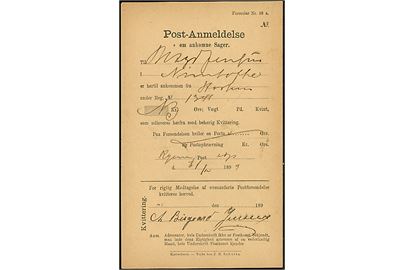 Post-Anmeldelse om ankomne sager - Formular Nr. 39 a - for anbefalet brev fra Aarhus til Nimtofte udstedt ved Ryom Postekspedition d. 31.12.1899