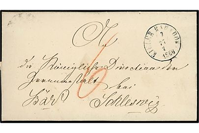 1860. Tjenestebrev med antiqua Kieler Bahnhof d. 27.2.1860 til Schleswig. Påskrevet 6 sk. med rødkrift.