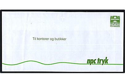 20 øre Bølgelinie grøn som tiltryk på summarisk omdelt reklame Til kontorer og butikker fra firma npc tryk i Næstved i ca. 1970'erne eller 1980'erne. Interessant ulovlig gengivelse af 20 øre frimærke. Uklart om reklamekuverten er blevet benyttet. 