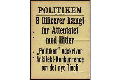 Løbeseddel for dagbladet: Politiken d. 9.8.1944: 8 Officerer hængt for Attentatet mod Hitler.